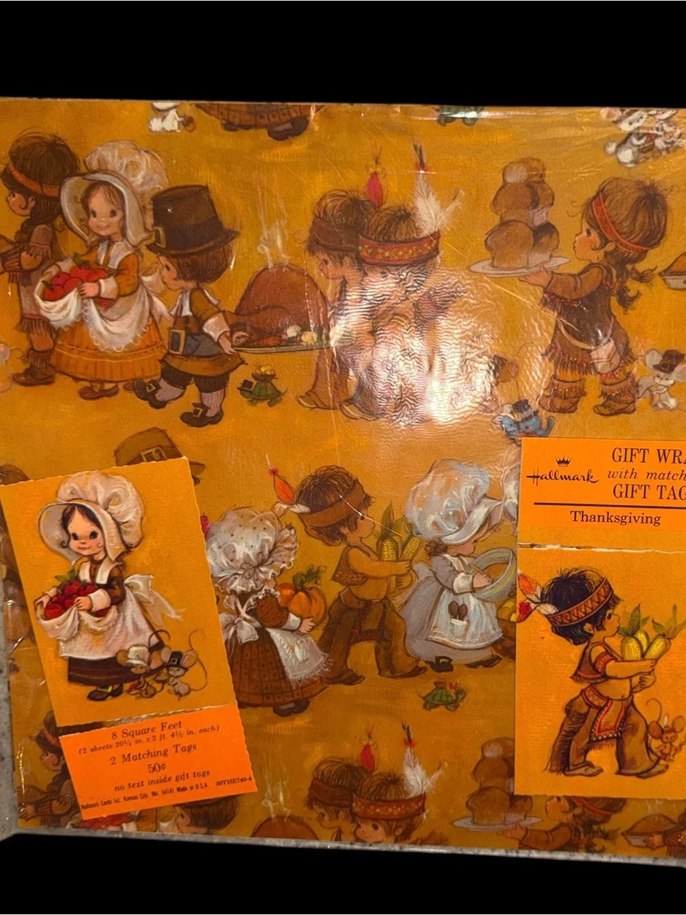 Vintage Hallmark Thanksgiving Gift Wrap w/ Matching Gift Tags Sealed Wrapping